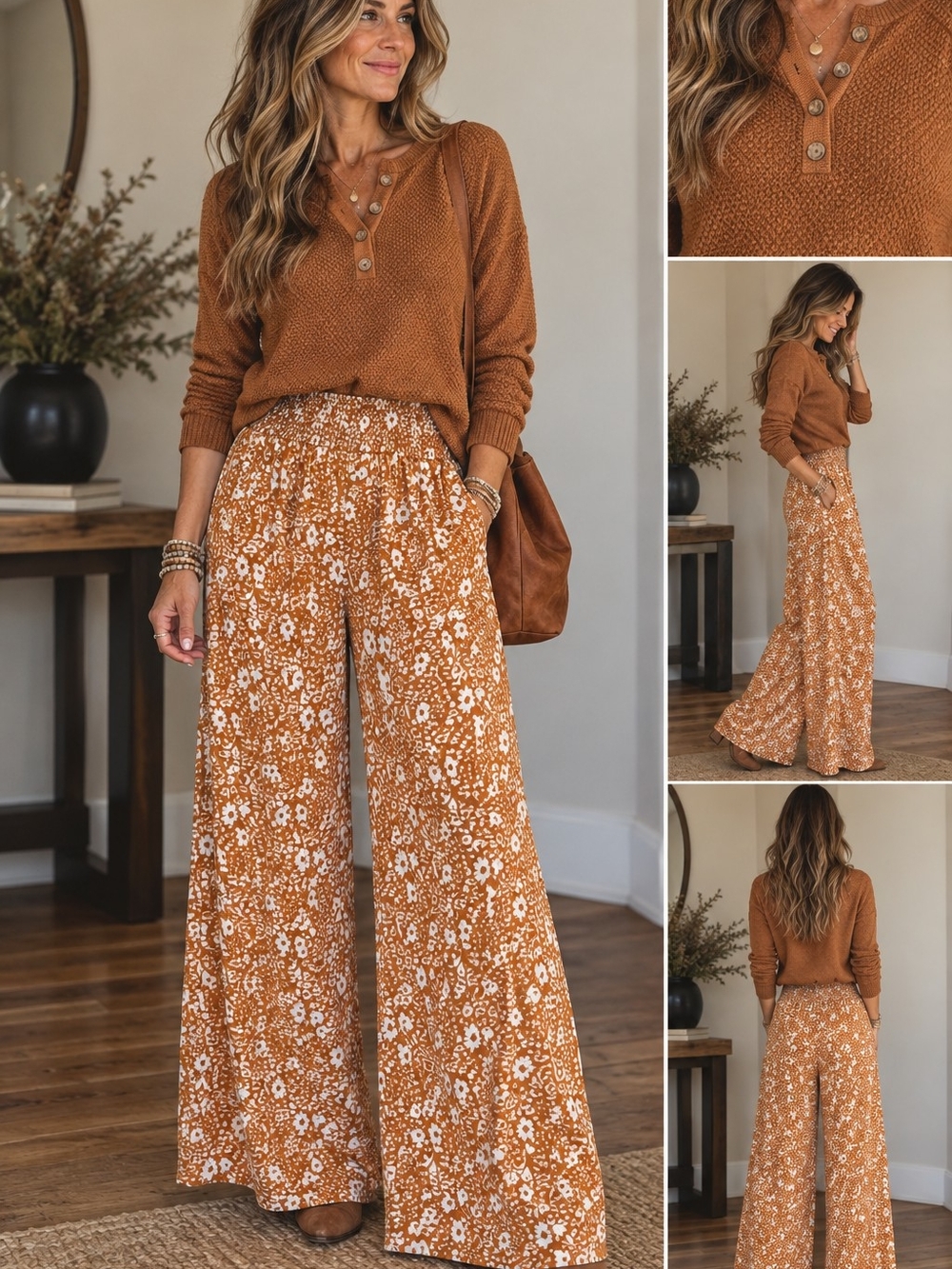 2 Piece Outfit Wide-Leg Floral Pants And Long Sleeve Top in Rust